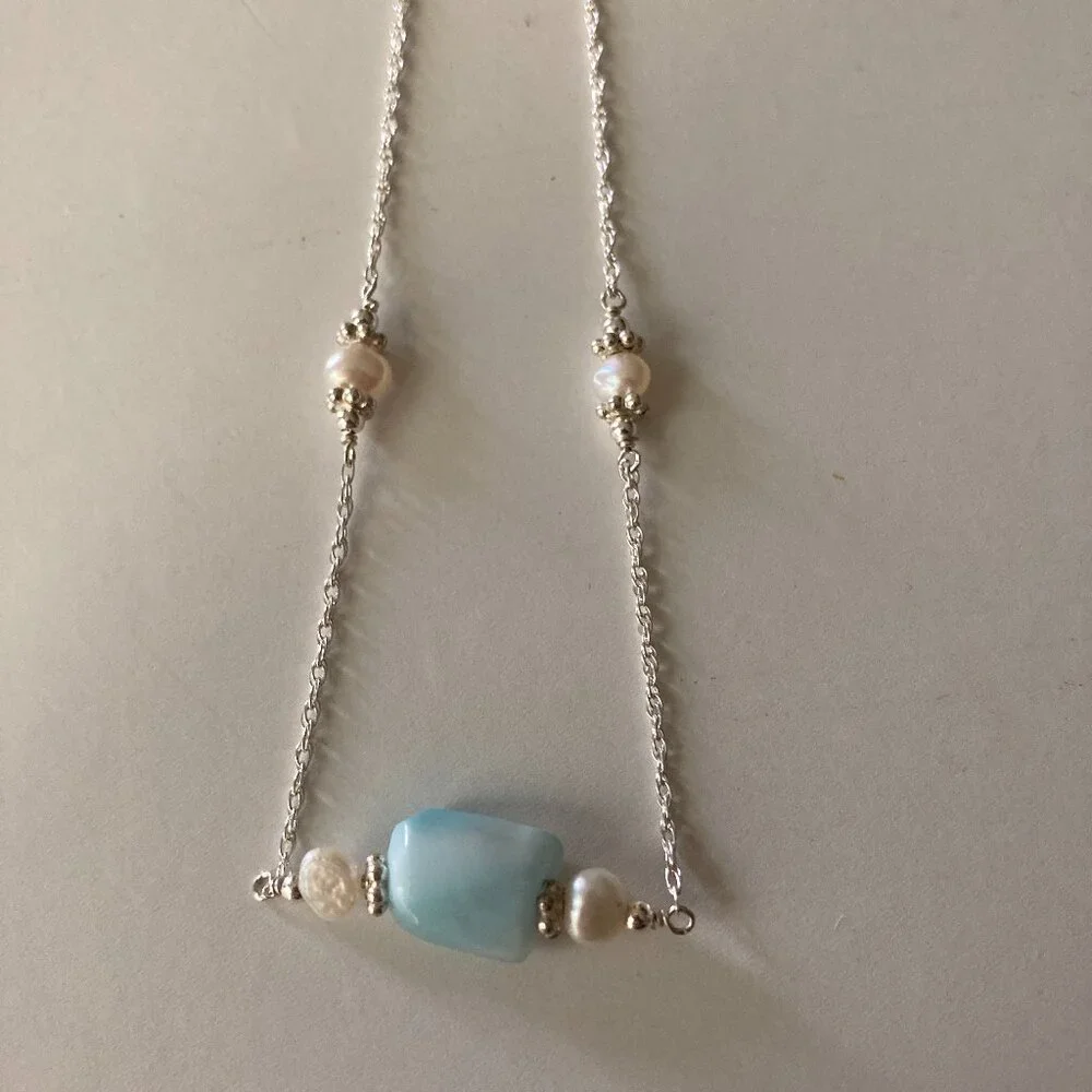 Sterling Silver Larimar and Pearl Choker Necklace - Picture 1 of 5